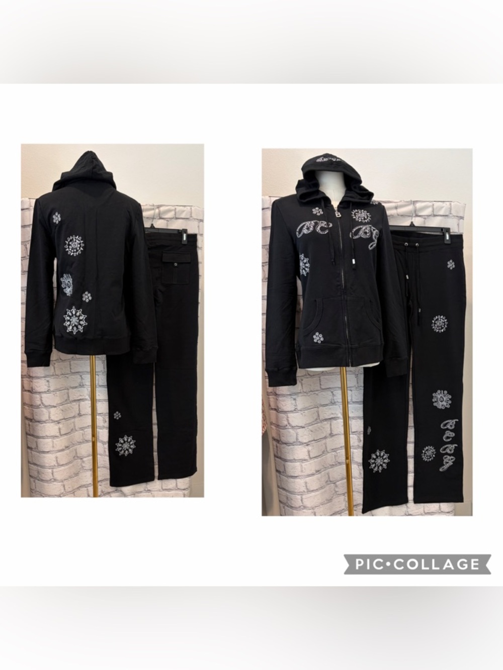 BCBG Maxazria Size:L Women Black Embellished Zip Hoodie & Joggers Set